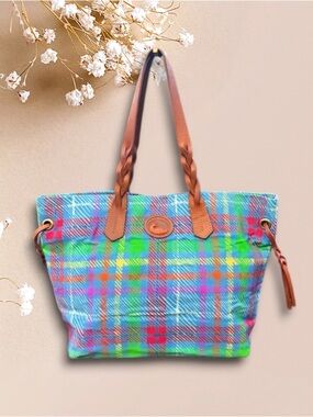 Dooney & Bourke Colorful Plaid Nylon
Drawstring Tote Shoulder Bag